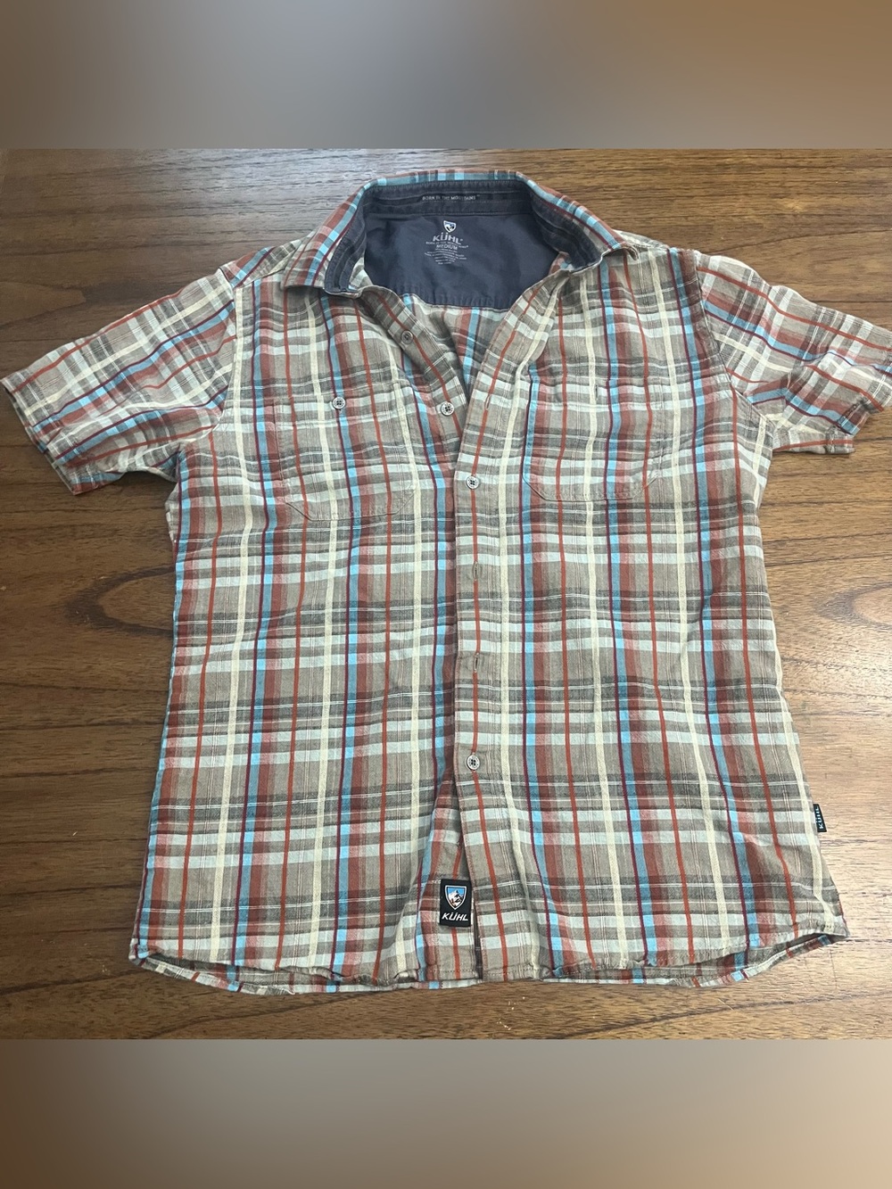 Kuhl Short Sleeve Plaid Linen Blend Button Up Shirt Mens Medium